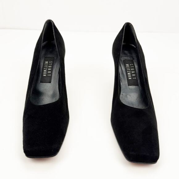 Vintage Stuart Weitzman Black Suede Leather Square Toe Wide Mid Heel Pump Sz 7 - Picture 3 of 15